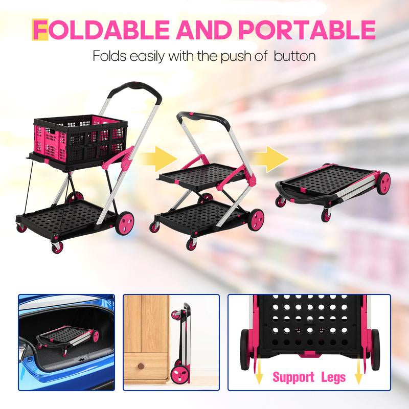 Foldable Utility Cart with Wheels,2 Layers Multifunctional Folding Cart for Cosmetic Organizer,Grocery,Office,Warehouse,Garden, Double Layers Foldable Shopping Cart,Folding Trolley for Luggage Heavy Duty(Blue/Red/Pink/Purple)