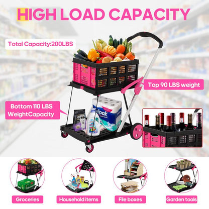 Foldable Utility Cart with Wheels,2 Layers Multifunctional Folding Cart for Cosmetic Organizer,Grocery,Office,Warehouse,Garden, Double Layers Foldable Shopping Cart,Folding Trolley for Luggage Heavy Duty(Blue/Red/Pink/Purple)