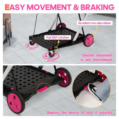 Foldable Utility Cart with Wheels,2 Layers Multifunctional Folding Cart for Cosmetic Organizer,Grocery,Office,Warehouse,Garden, Double Layers Foldable Shopping Cart,Folding Trolley for Luggage Heavy Duty(Blue/Red/Pink/Purple)