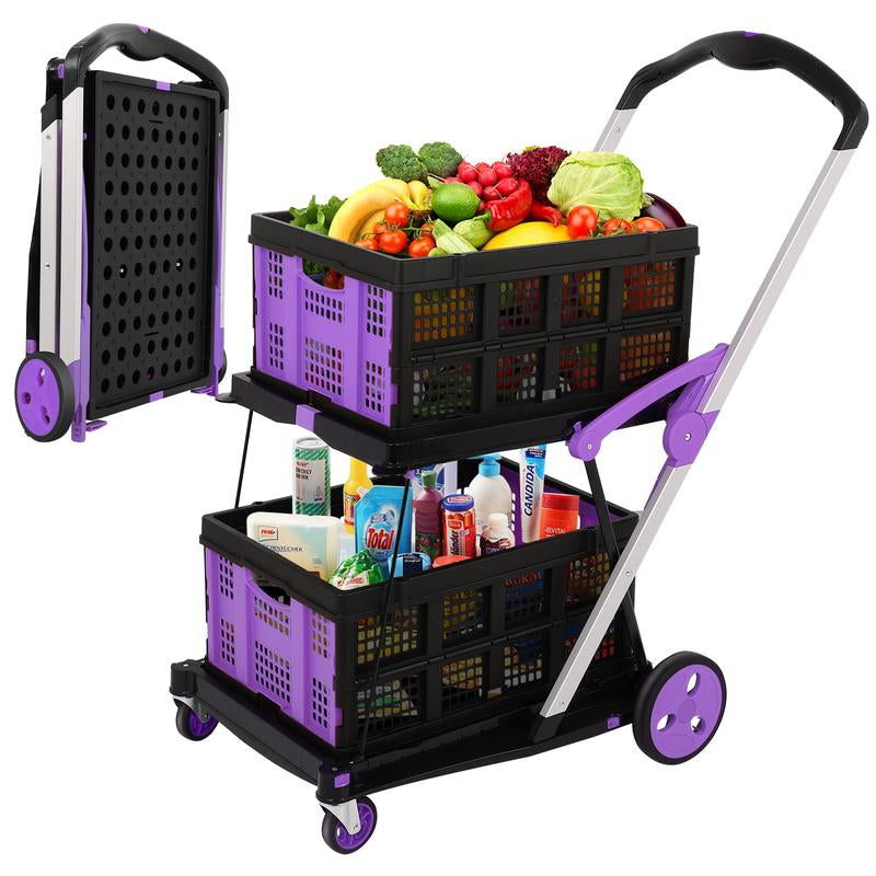 Foldable Utility Cart with Wheels,2 Layers Multifunctional Folding Cart for Cosmetic Organizer,Grocery,Office,Warehouse,Garden, Double Layers Foldable Shopping Cart,Folding Trolley for Luggage Heavy Duty(Blue/Red/Pink/Purple)