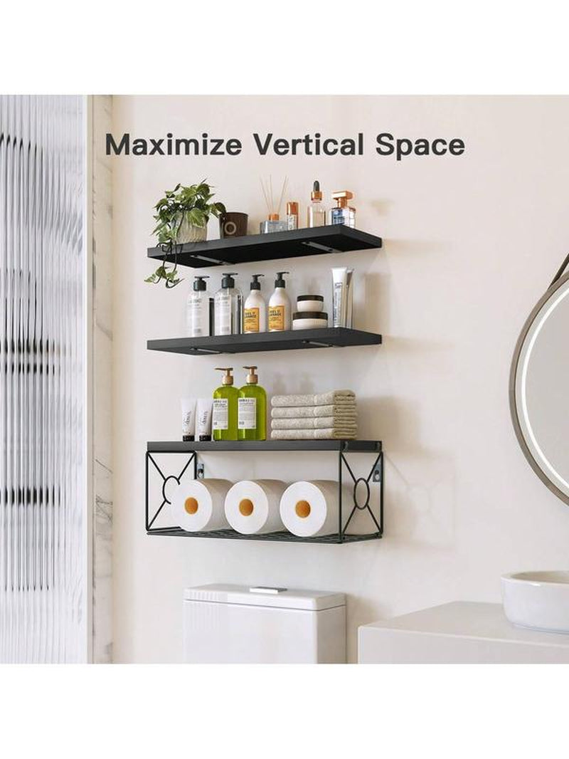 Floating Shelves, Bathroom Shelves over Toilet, Wall Mounted Floating Shelves with Wire Basket, Wooden, 3 Shelves, 16.5X6X5.5 In