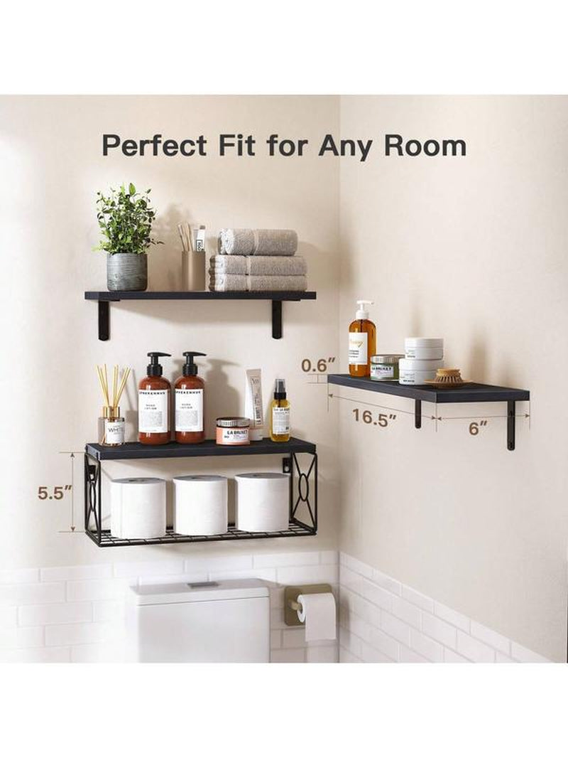 Floating Shelves, Bathroom Shelves over Toilet, Wall Mounted Floating Shelves with Wire Basket, Wooden, 3 Shelves, 16.5X6X5.5 In