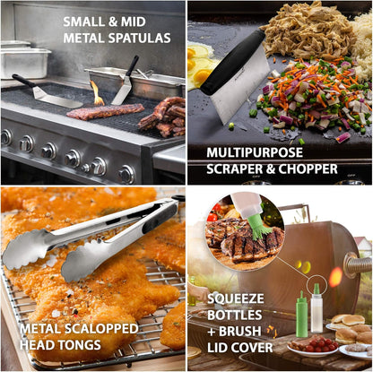 Metal Spatula Set - Griddle Accessories Kit - Grill Flat Spatula Pancake Flipper Hamburger Turner - Metal Utensil Great for BBQ Grill Flat Top - Cast Iron Griddle Accessories - Commercial Grade