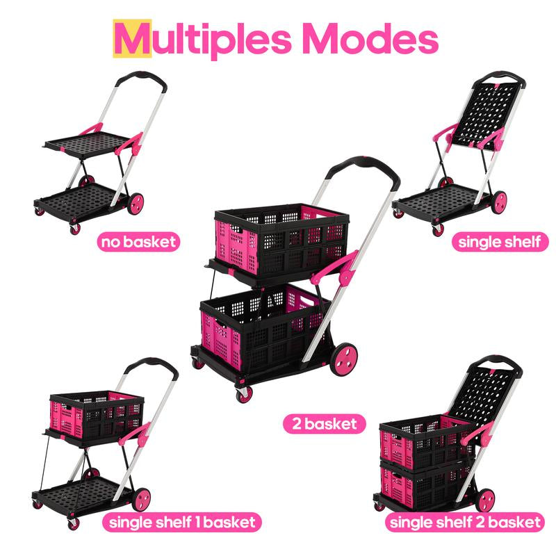Foldable Utility Cart with Wheels,2 Layers Multifunctional Folding Cart for Cosmetic Organizer,Grocery,Office,Warehouse,Garden, Double Layers Foldable Shopping Cart,Folding Trolley for Luggage Heavy Duty(Blue/Red/Pink/Purple)