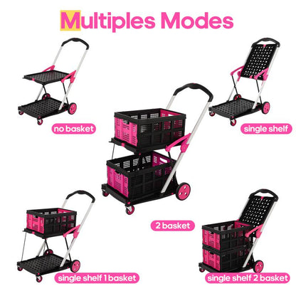 Foldable Utility Cart with Wheels,2 Layers Multifunctional Folding Cart for Cosmetic Organizer,Grocery,Office,Warehouse,Garden, Double Layers Foldable Shopping Cart,Folding Trolley for Luggage Heavy Duty(Blue/Red/Pink/Purple)