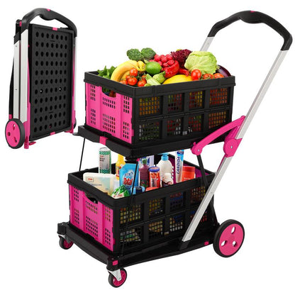 Foldable Utility Cart with Wheels,2 Layers Multifunctional Folding Cart for Cosmetic Organizer,Grocery,Office,Warehouse,Garden, Double Layers Foldable Shopping Cart,Folding Trolley for Luggage Heavy Duty(Blue/Red/Pink/Purple)