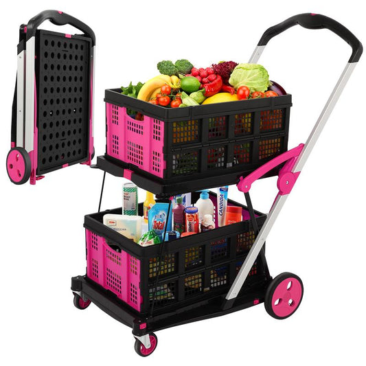 Foldable Utility Cart with Wheels,2 Layers Multifunctional Folding Cart for Cosmetic Organizer,Grocery,Office,Warehouse,Garden, Double Layers Foldable Shopping Cart,Folding Trolley for Luggage Heavy Duty(Blue/Red/Pink/Purple)