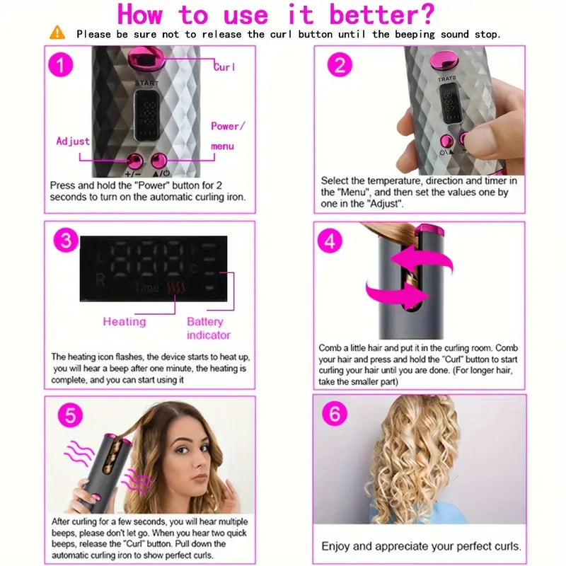 Portable Hair Curler, Auto Hair Curler, Automatic Ceramic Rotating Wireless Auto Curling Iron Wand, Portable USB Rechargeable Spinning Curling Iron Spin N Curl for Hair Styling