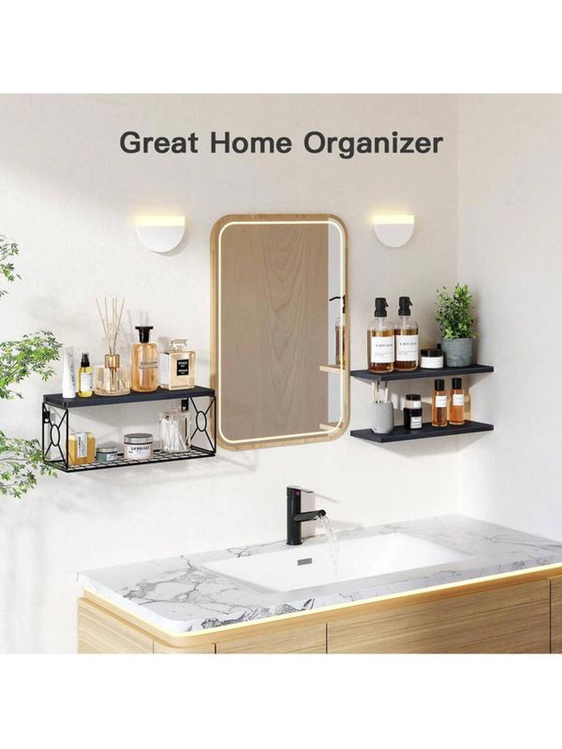 Floating Shelves, Bathroom Shelves over Toilet, Wall Mounted Floating Shelves with Wire Basket, Wooden, 3 Shelves, 16.5X6X5.5 In