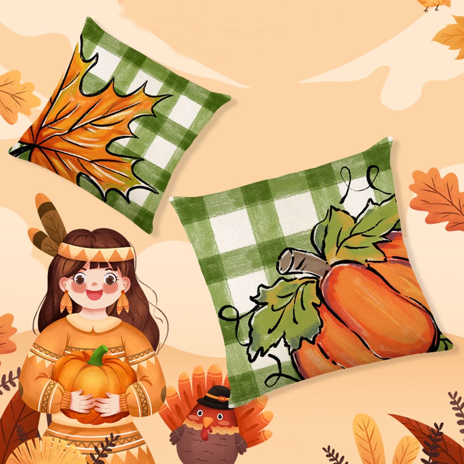 Fall Pillow Covers Green Orange Throw Pillows Cover 18X18 Set of 4 Outdoor Fall Decorations, Pumpkin Farmhouse Pillow Case for Sofa Couch Thanksgiving Decorations Fall Decor