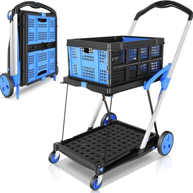 Foldable Utility Cart with Wheels,2 Layers Multifunctional Folding Cart for Cosmetic Organizer,Grocery,Office,Warehouse,Garden, Double Layers Foldable Shopping Cart,Folding Trolley for Luggage Heavy Duty(Blue/Red/Pink/Purple)