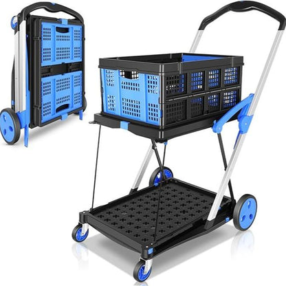 Foldable Utility Cart with Wheels,2 Layers Multifunctional Folding Cart for Cosmetic Organizer,Grocery,Office,Warehouse,Garden, Double Layers Foldable Shopping Cart,Folding Trolley for Luggage Heavy Duty(Blue/Red/Pink/Purple)