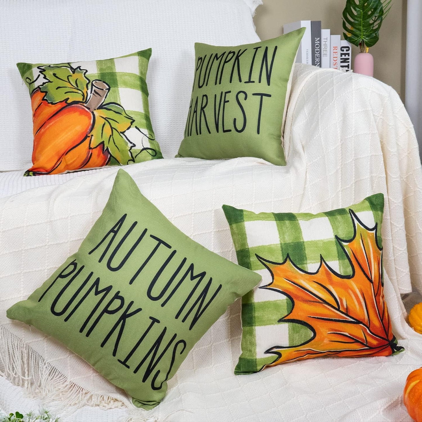 Fall Pillow Covers Green Orange Throw Pillows Cover 18X18 Set of 4 Outdoor Fall Decorations, Pumpkin Farmhouse Pillow Case for Sofa Couch Thanksgiving Decorations Fall Decor