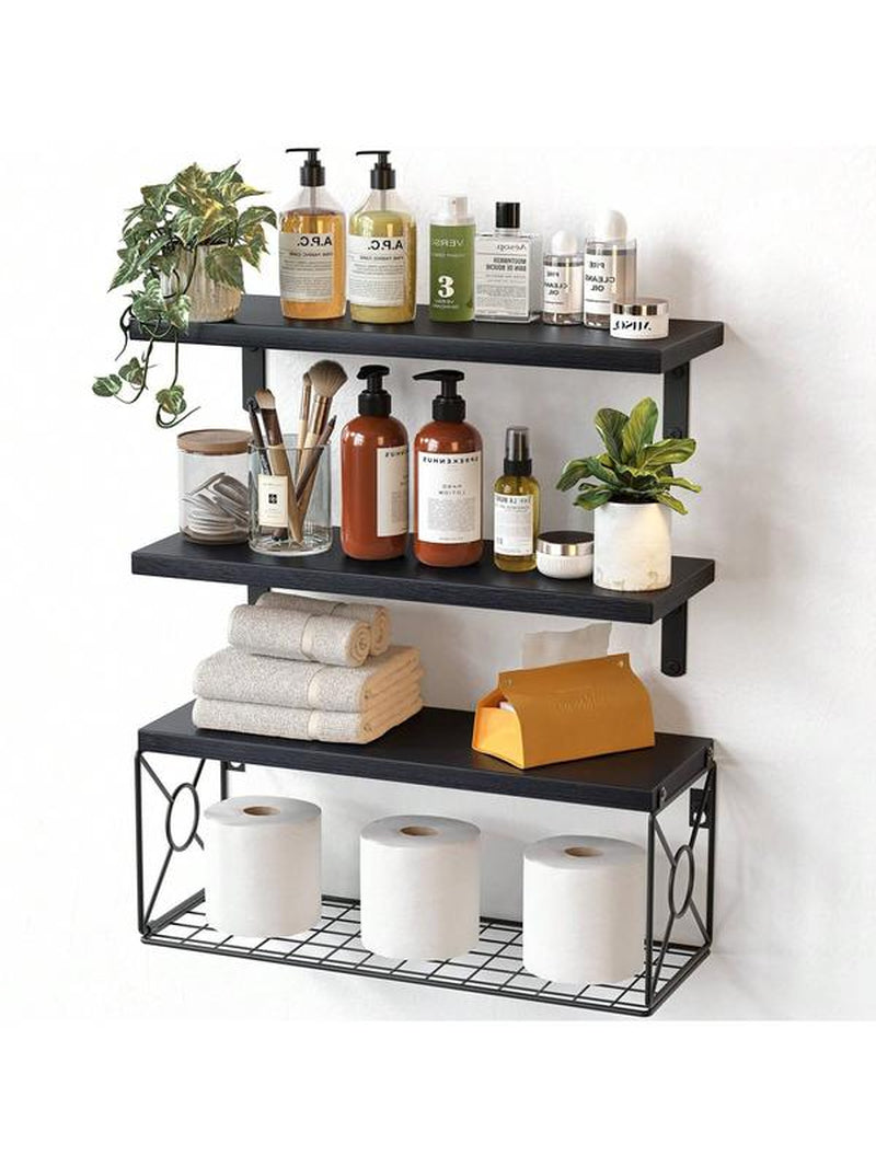 Floating Shelves, Bathroom Shelves over Toilet, Wall Mounted Floating Shelves with Wire Basket, Wooden, 3 Shelves, 16.5X6X5.5 In