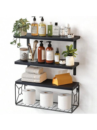 Floating Shelves, Bathroom Shelves over Toilet, Wall Mounted Floating Shelves with Wire Basket, Wooden, 3 Shelves, 16.5X6X5.5 In
