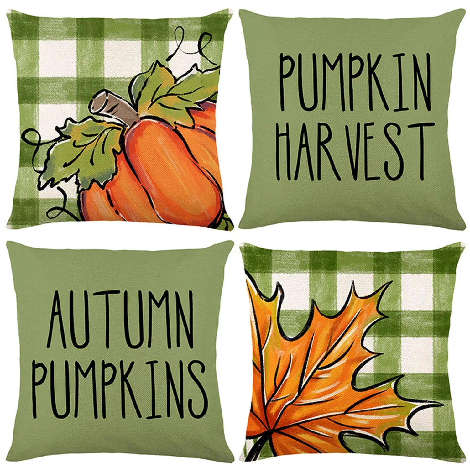 Fall Pillow Covers Green Orange Throw Pillows Cover 18X18 Set of 4 Outdoor Fall Decorations, Pumpkin Farmhouse Pillow Case for Sofa Couch Thanksgiving Decorations Fall Decor