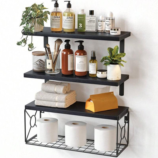Floating Shelves, Bathroom Shelves over Toilet, Wall Mounted Floating Shelves with Wire Basket, Wooden, 3 Shelves, 16.5X6X5.5 In