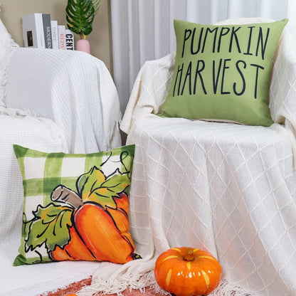 Fall Pillow Covers Green Orange Throw Pillows Cover 18X18 Set of 4 Outdoor Fall Decorations, Pumpkin Farmhouse Pillow Case for Sofa Couch Thanksgiving Decorations Fall Decor