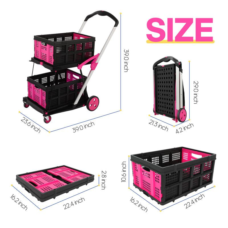 Foldable Utility Cart with Wheels,2 Layers Multifunctional Folding Cart for Cosmetic Organizer,Grocery,Office,Warehouse,Garden, Double Layers Foldable Shopping Cart,Folding Trolley for Luggage Heavy Duty(Blue/Red/Pink/Purple)