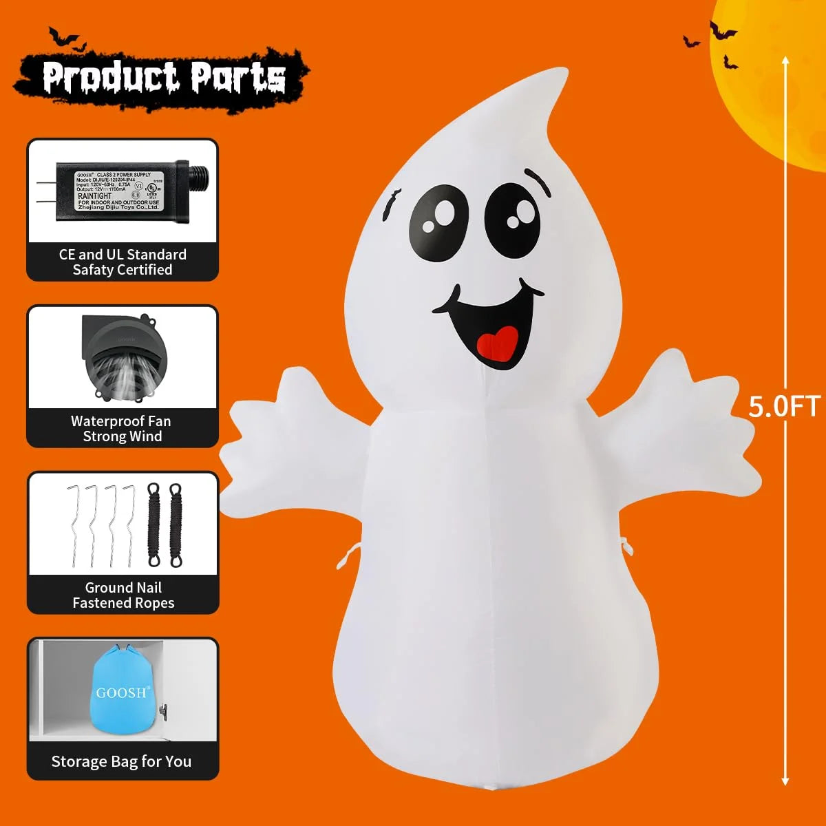 Halloween Inflatables 5 FT Halloween Ghost Inflatable with Built-In Leds, Cute Halloween Inflatable Ghost Blow up Ghost Inflatable, Outdoor Halloween Decorations for Halloween Holiday Party