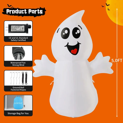 Halloween Inflatables 5 FT Halloween Ghost Inflatable with Built-In Leds, Cute Halloween Inflatable Ghost Blow up Ghost Inflatable, Outdoor Halloween Decorations for Halloween Holiday Party