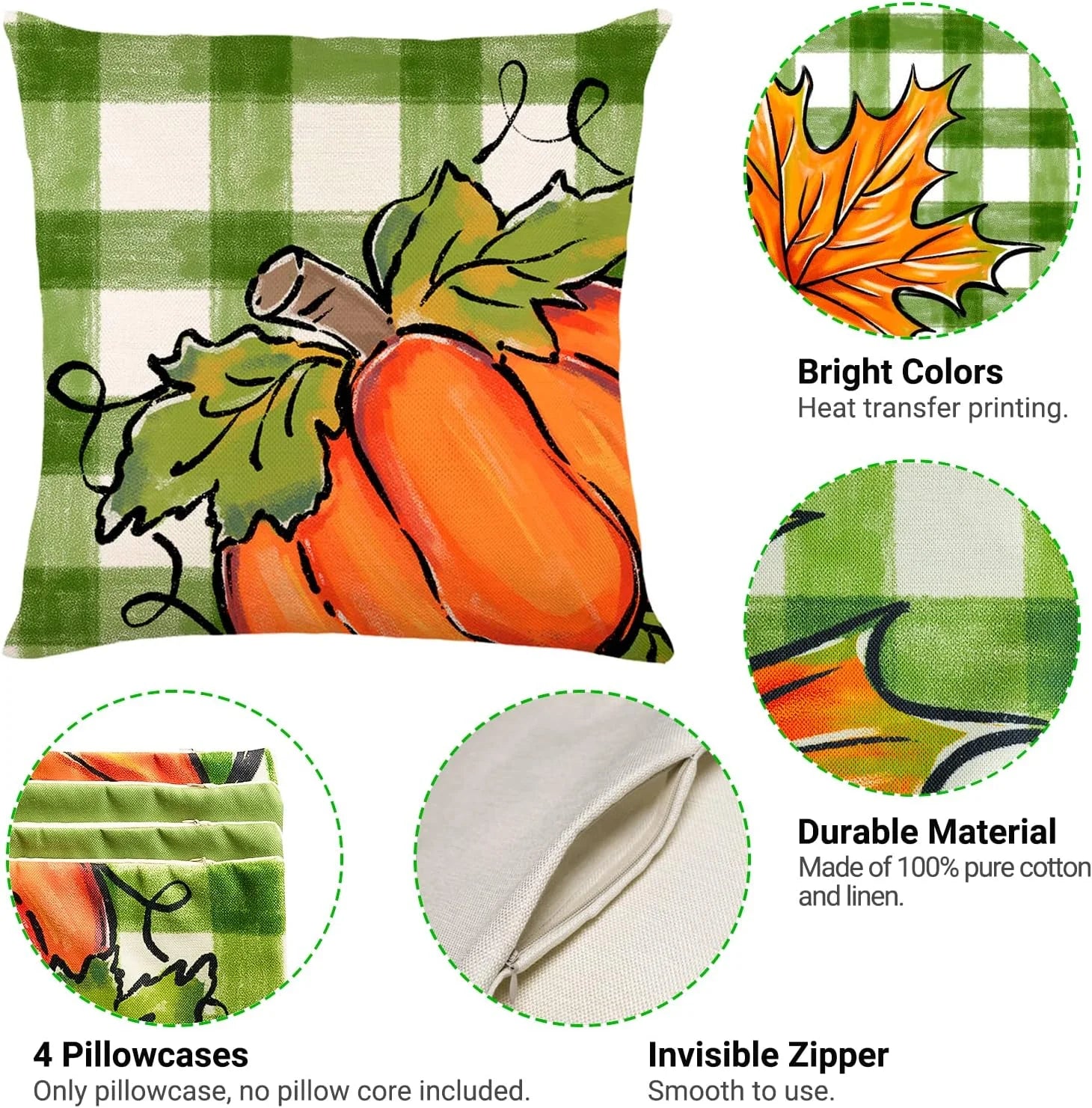 Fall Pillow Covers Green Orange Throw Pillows Cover 18X18 Set of 4 Outdoor Fall Decorations, Pumpkin Farmhouse Pillow Case for Sofa Couch Thanksgiving Decorations Fall Decor