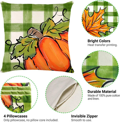 Fall Pillow Covers Green Orange Throw Pillows Cover 18X18 Set of 4 Outdoor Fall Decorations, Pumpkin Farmhouse Pillow Case for Sofa Couch Thanksgiving Decorations Fall Decor