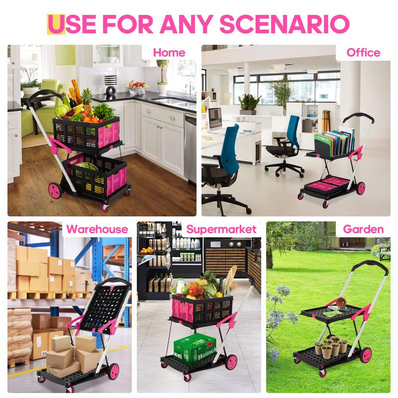 Foldable Utility Cart with Wheels,2 Layers Multifunctional Folding Cart for Cosmetic Organizer,Grocery,Office,Warehouse,Garden, Double Layers Foldable Shopping Cart,Folding Trolley for Luggage Heavy Duty(Blue/Red/Pink/Purple)