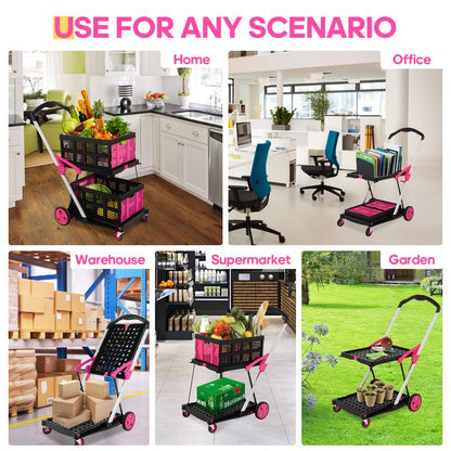 Foldable Utility Cart with Wheels,2 Layers Multifunctional Folding Cart for Cosmetic Organizer,Grocery,Office,Warehouse,Garden, Double Layers Foldable Shopping Cart,Folding Trolley for Luggage Heavy Duty(Blue/Red/Pink/Purple)
