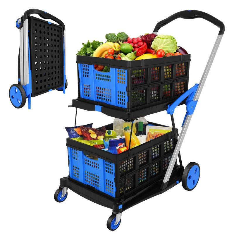 Foldable Utility Cart with Wheels,2 Layers Multifunctional Folding Cart for Cosmetic Organizer,Grocery,Office,Warehouse,Garden, Double Layers Foldable Shopping Cart,Folding Trolley for Luggage Heavy Duty(Blue/Red/Pink/Purple)