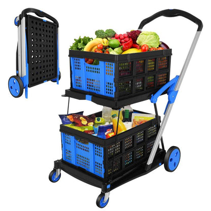 Foldable Utility Cart with Wheels,2 Layers Multifunctional Folding Cart for Cosmetic Organizer,Grocery,Office,Warehouse,Garden, Double Layers Foldable Shopping Cart,Folding Trolley for Luggage Heavy Duty(Blue/Red/Pink/Purple)